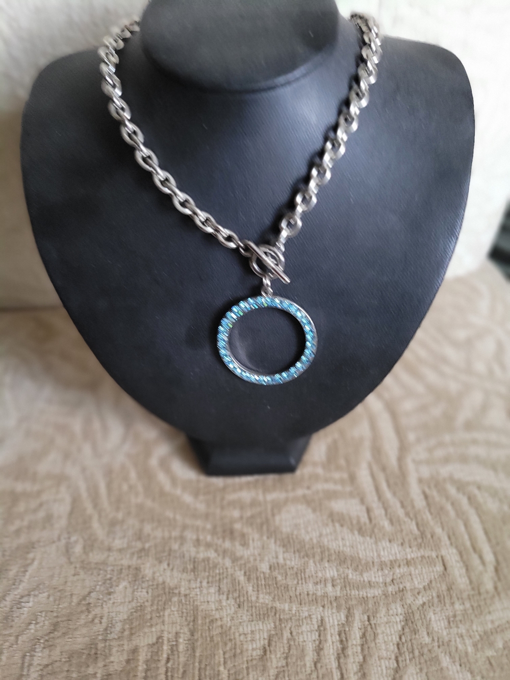 Silver Chain Necklace with Blue Crystal Circle Pendant